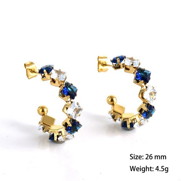 18K Gold Plated Hoop Earrings*Blue White Swarovski Birthstone Crystal Zircon*ZX - Picture 2 of 2